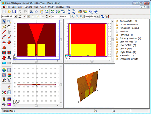 Figure 3. RSoft CAD layout of gain-guided tapered laser with beam spoilers  | Synopsys